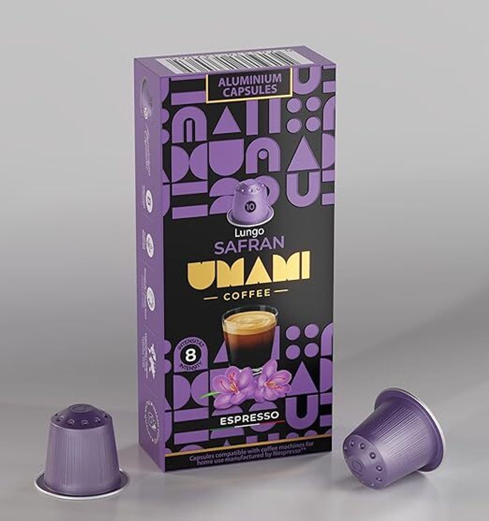 Umami Coffee - Lungo Safran Espresso Kapseln – Intensiver Geschmack mit einem Hauch von exotischem Safranaroma - 100% kompatibel mit Nespresso