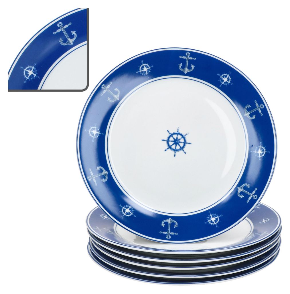 A stack of nautical-themed plates with anchors and ship wheels.