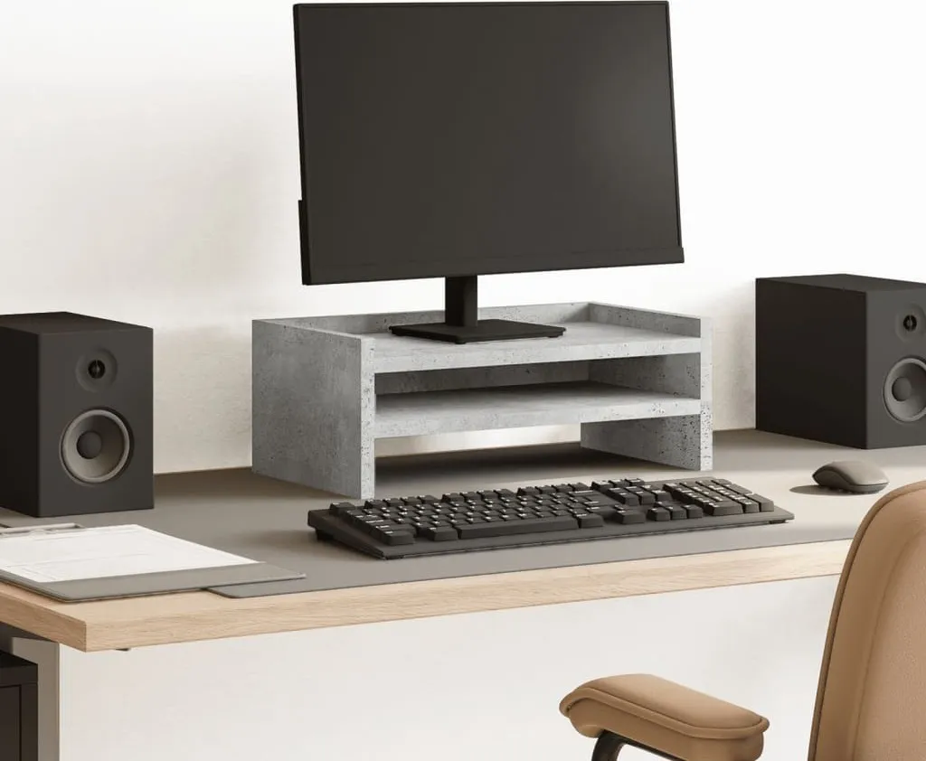 Support Moniteur Gris Béton 42 cm - Finition Bois Composite Durable