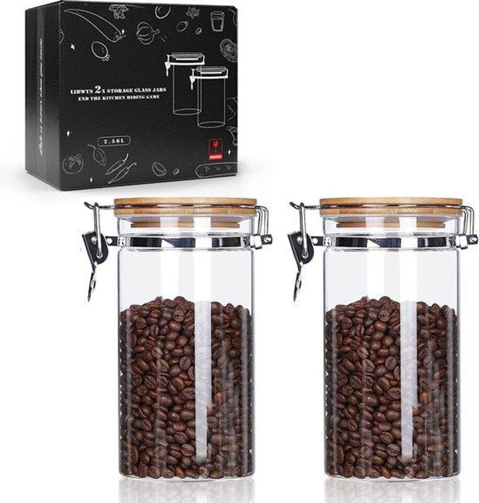 Luftdichte Kaffeebehälter Set, 2,5 l, Glas, Bambus, Aromadicht