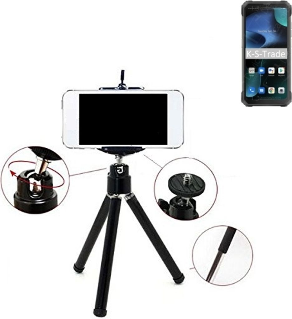 K-S-Trade Smartphone Stativ Dreibein kompatibel mit Blackview BV8800 Tripod aus Aluminium Klemmstativ Stativ Adapter für Mobiltelefone schwarz 1x