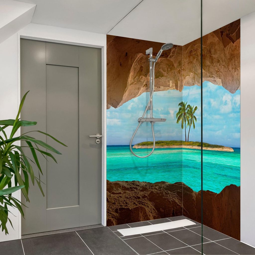 Duschrückwand Strand selbstklebend - 0.35 mm Wandpaneel wasserfest Palme beige Tropisch Badrückwand fugenlos Smart matt 100x210 cm