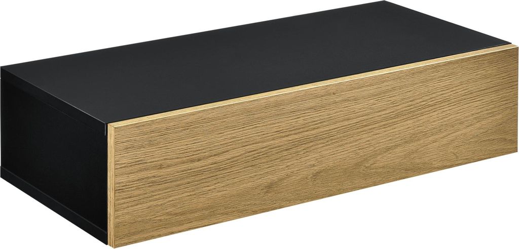 A floating shelf with a black top and a wood-grain drawer front, shown against a white background.