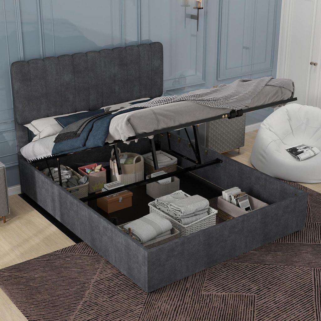 MODFU Jugendbett 160x200 Doppelbett mit weichem und komfortablem Kopfteil Polsterbett mit Stauraum Bettgestell mit Gasdruckfeder ohne Matratze Grau