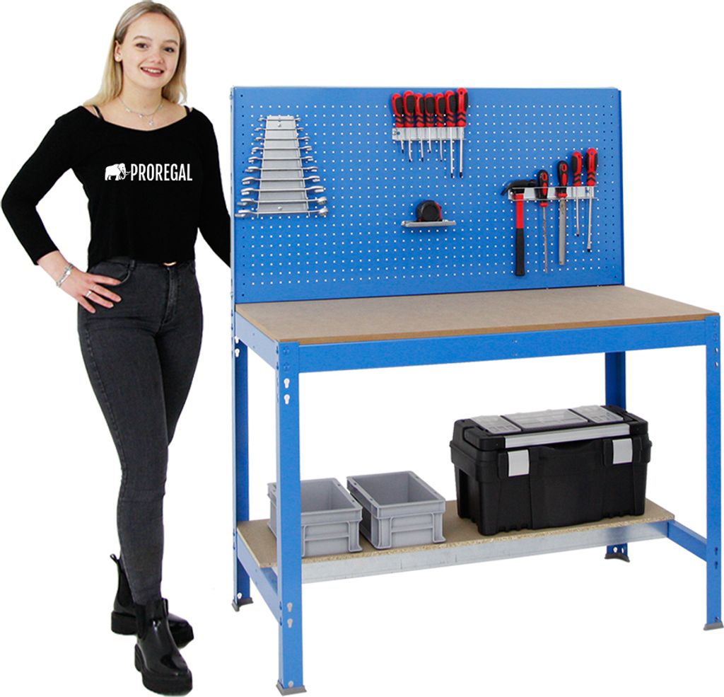 PROREGAL Werkbank QUICK-BUFFALO mit Werkzeugwand + Zubehör Alpha | HxBxT 84x120x61cm | Traglast 600kg | Blau