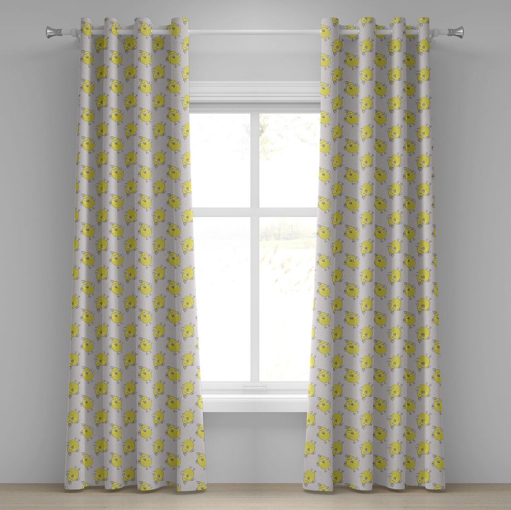 ABAKUHAUS Grau und Gelb Ösenvorhang, Flüchtige Hand gezeichneter Entwurf des Karikatur-Eulen-modernen Hippie-Art-Bildes, Dekorative 2-Panel-Fenst...