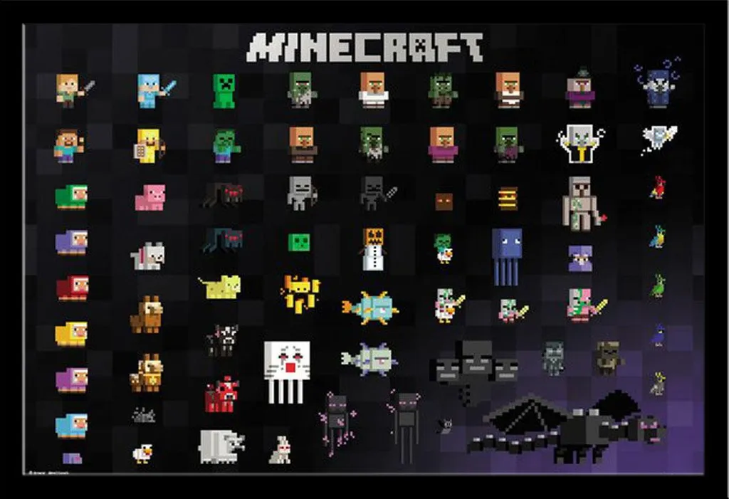 Minecraft - Poster - Pixel Sprites + cornice rimovibile, Shinsuke® Maxi MDF nero, disco acrilico