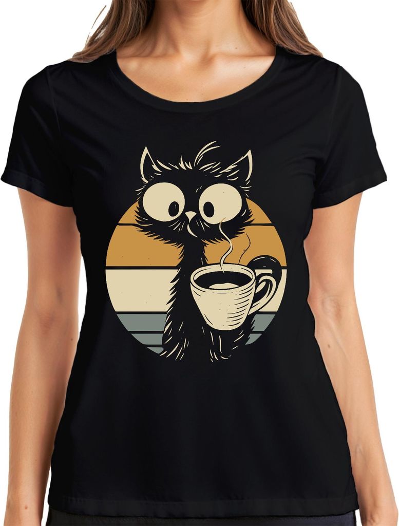 Katze mit Kaffee Kaffeetasse Niedliche Retro Sonnenuntergang Damen T-Shirt, Schwarz, 3XL