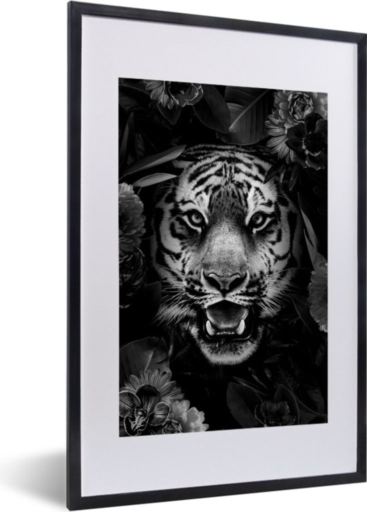 MuchoWow Gerahmtes Poster Tiger zwischen den Blumen - schwarz und weiß 40x60 cm - Poster mit Schwarzem Bilderrahmen Wandposter Rahmen Foto Bilde...