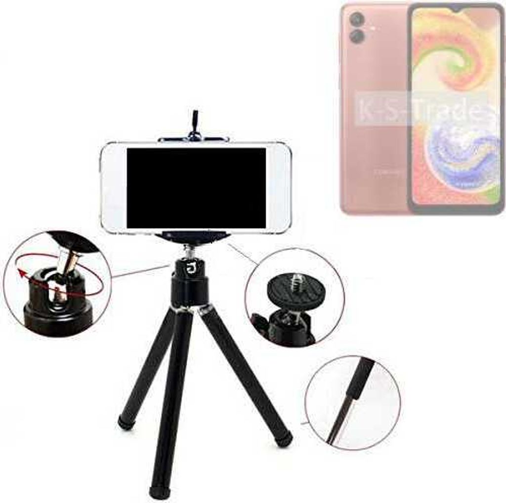 K-S-Trade Smartphone Stativ Dreibein kompatibel mit Samsung Galaxy A04 Tripod aus Aluminium Klemmstativ Stativ Adapter für Mobiltelefone schwarz 1x