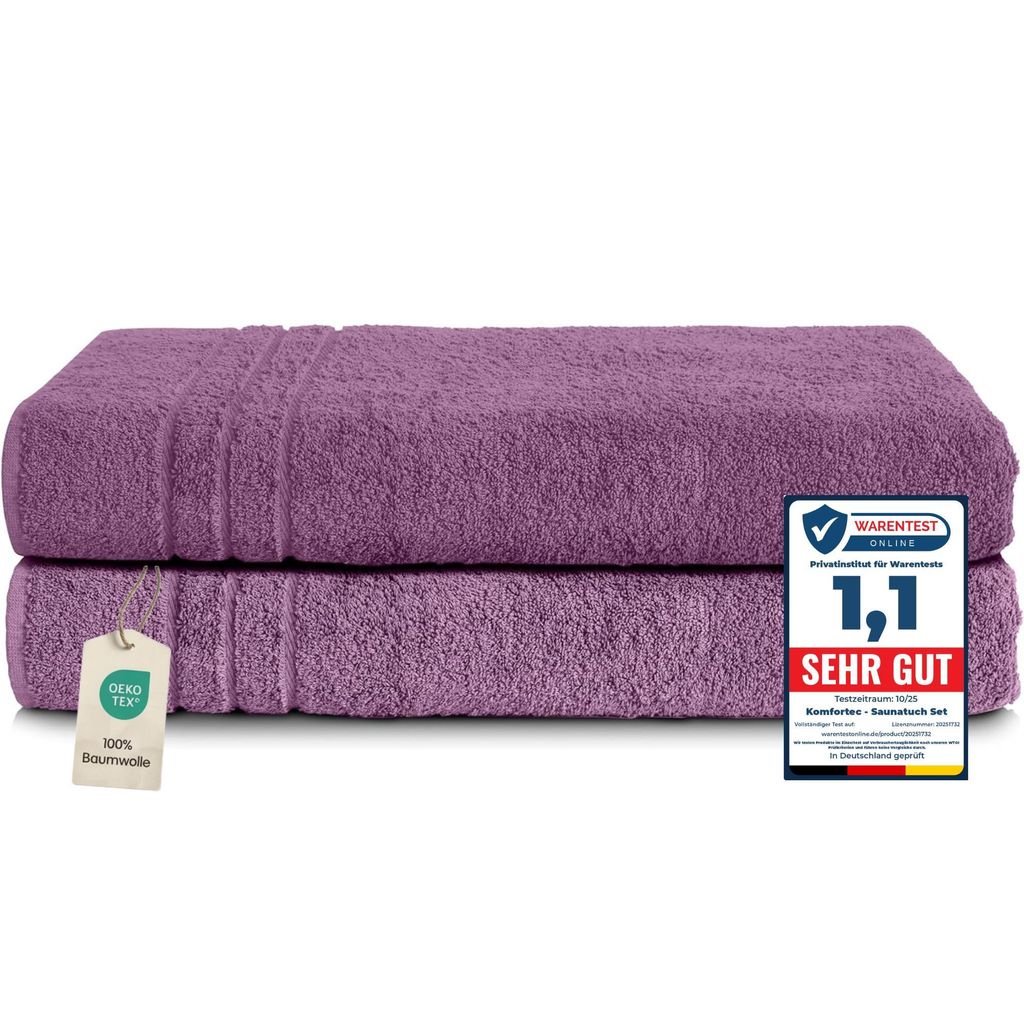 Komfortec 2er Saunatuch Set 80x200 cm aus 100% Baumwolle, XXL-Saunatücher, Sauna Handtuch, Weich, Groß, Frottee, Schnelltrocknend, Violett