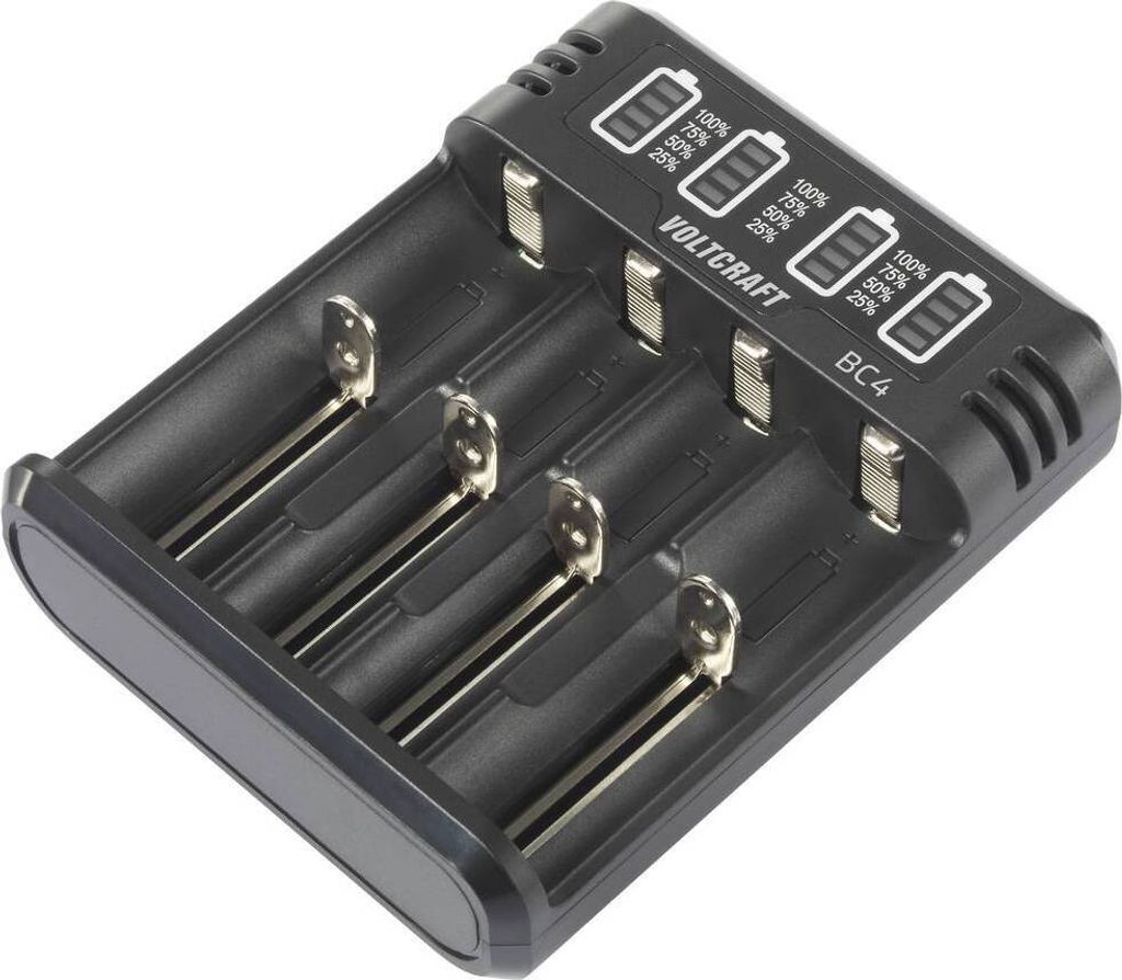 A black battery charger with four slots for batteries. The top of the charger has indicators for battery charge levels.