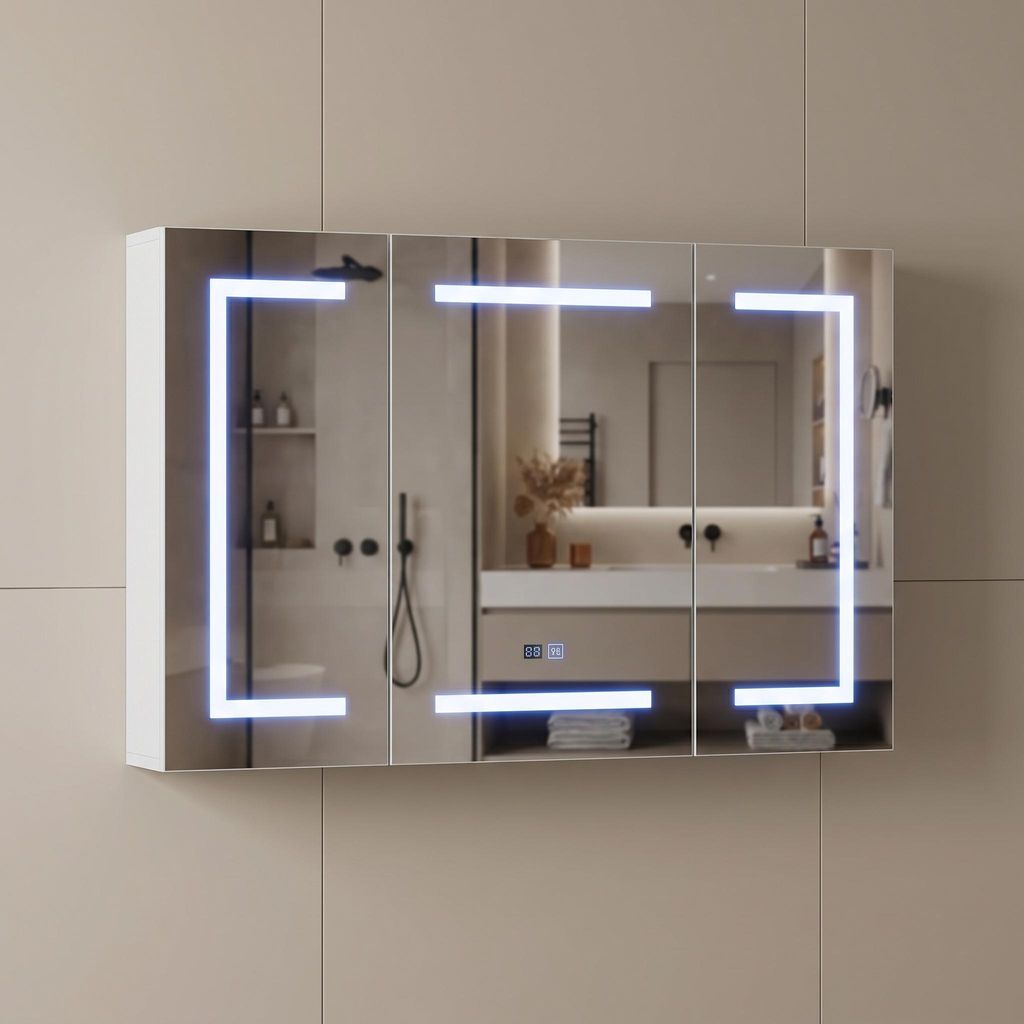 INONEFT 3 Türen Spiegelschrank Bad LED mit 3-Farben-Beleuchtung 100x13.5x60cm,Badezimmer Spiegelschrank,mit Verstellbare Ablage,Entfogging,weiß