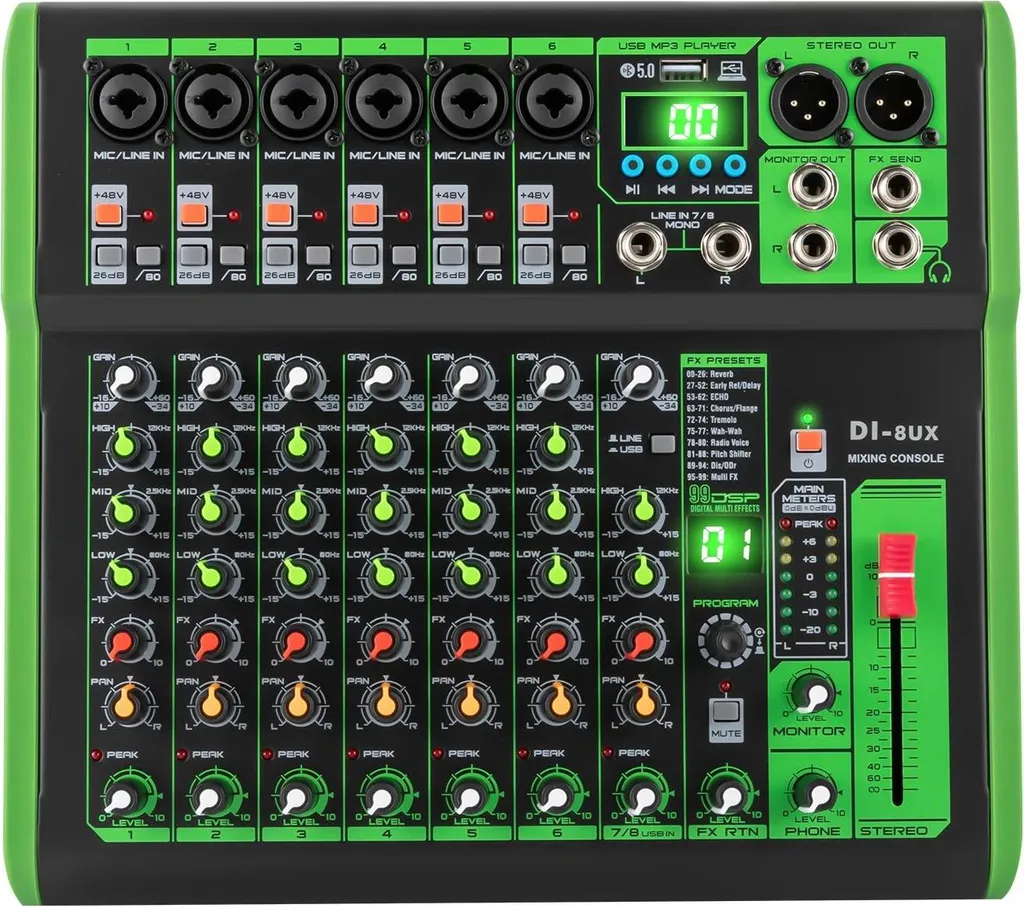 Table de mixage DJ DI-8UX blanche à 99 effets DSP et alim 48V