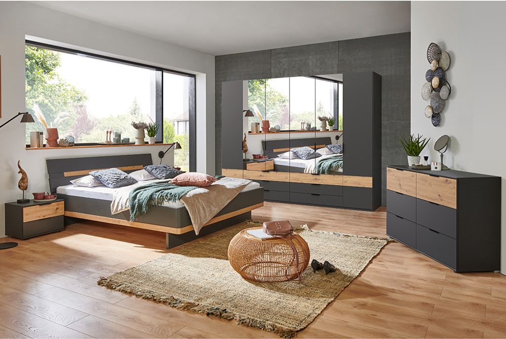Schlafzimmer Komplett Set GRANADA-43 mit Bett 180x200cm und 6-trg. Kleiderschrank in graphit mit Artisan Eiche Nb.