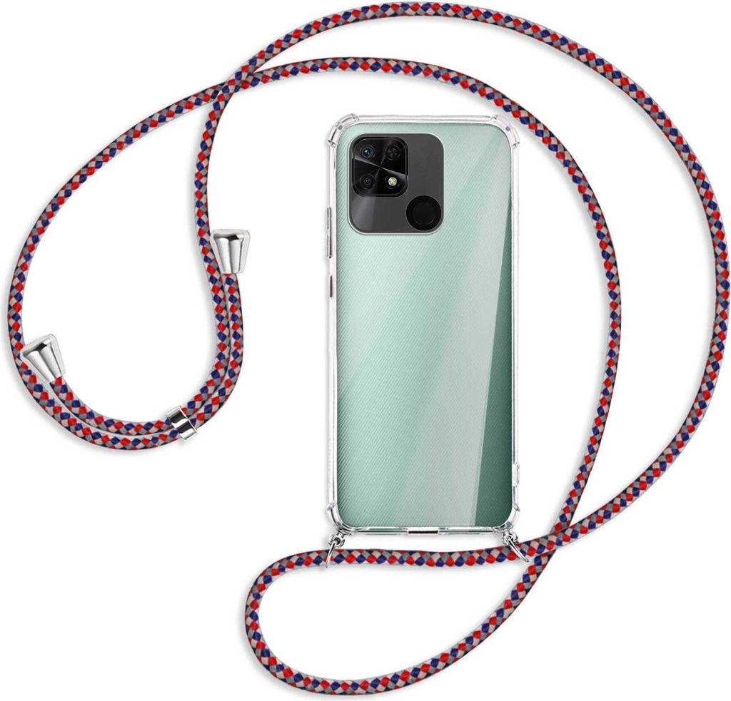 Handykette Backcover-Schutzhülle mit Band (Metall silberfarben) für Xiaomi Redmi 10C - silber/blau/rot
