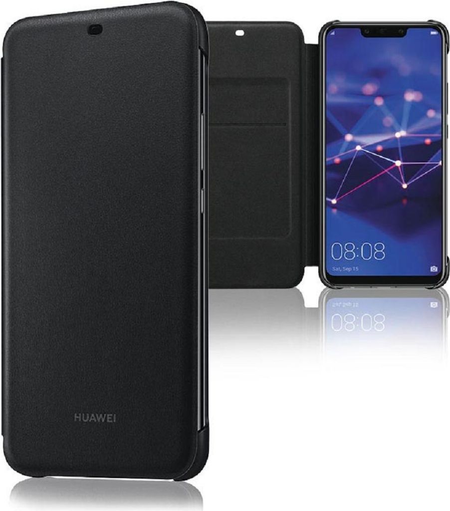 A black Huawei wallet case is shown open, revealing a Huawei Mate 20 Lite smartphone inside. The phone displays a colorful abstract wallpaper and the time.