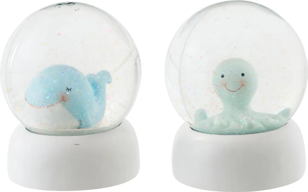 J-Line Globe d'eau baleine et pieuvre polyrésine bleu clair - lot de 2