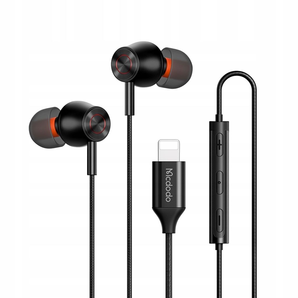 A pair of black wired earphones with a lightning connector and inline controls, displayed against a white background.