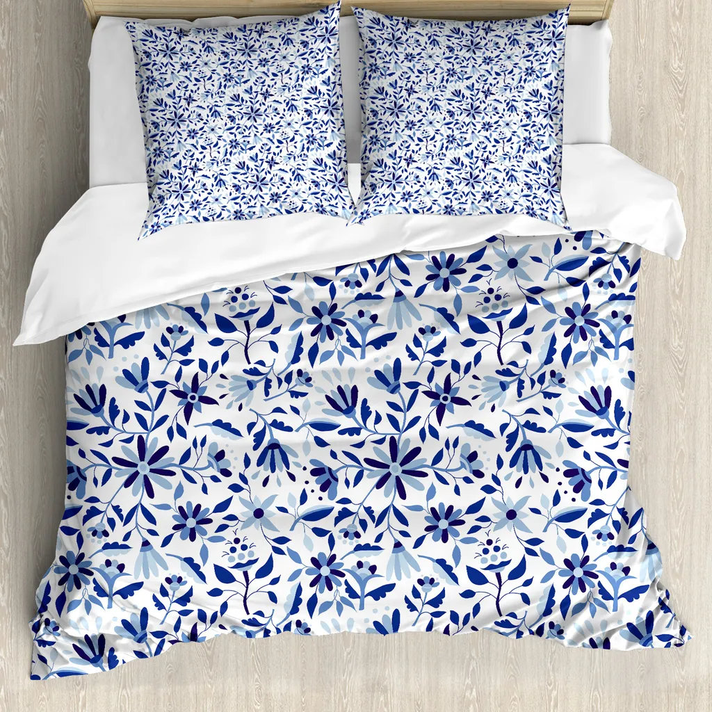 ABAKUHAUS Copripiumino Indigo, motivi floreali moderni, antiacaro, adatto a chi soffre di allergie, con federe, 200 cm x 200 cm - 80 x 80 cm, azzurro pallido blu navy