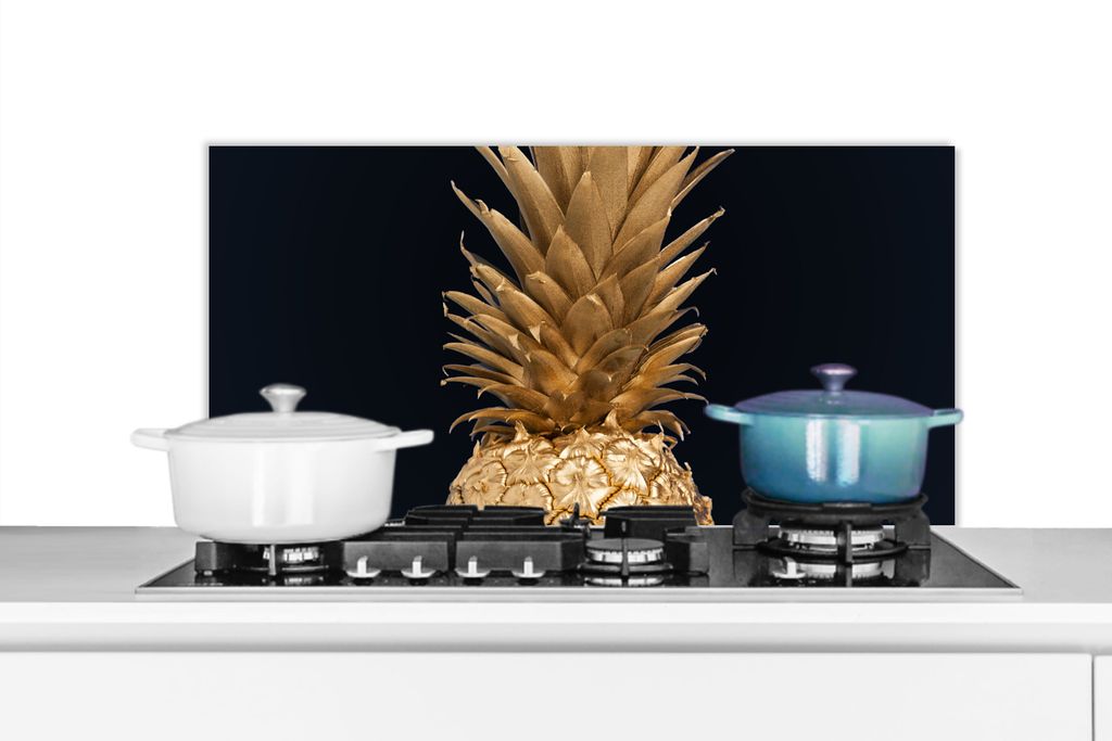 KitchenYeah Spritzschutz Küche - Küchenrückwand - Wandschutz für Herd und Spüle - Ananas - Gold - Farbe - Schwarz - Obst - Luxus 80x40 - Al...