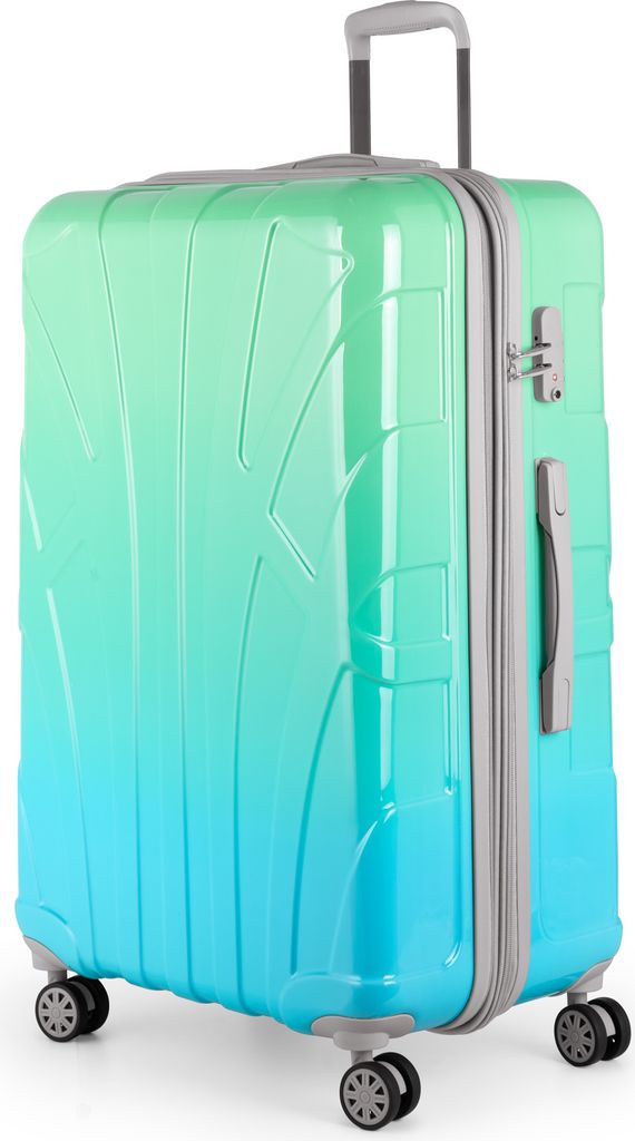 A product shot of a large suitcase on a white background.