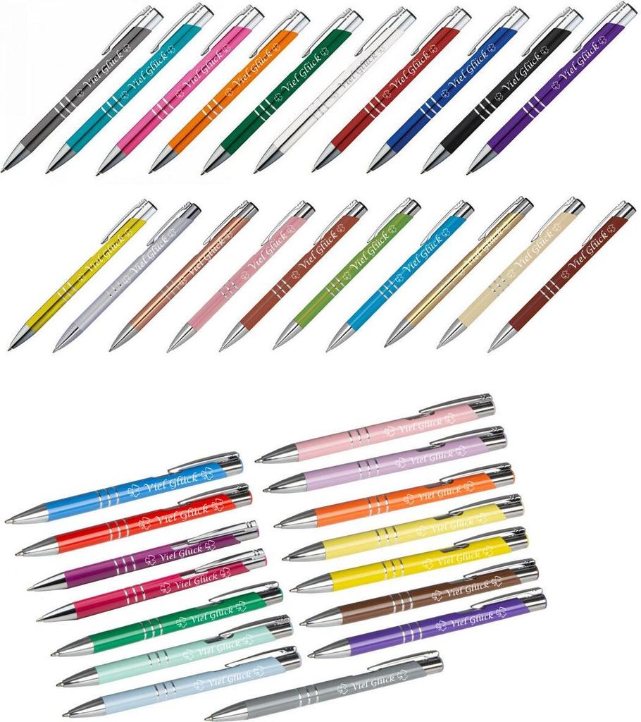 35 Kugelschreiber mit Gravur "Viel Glück" / aus Metall / 35 verschiedene Farben
