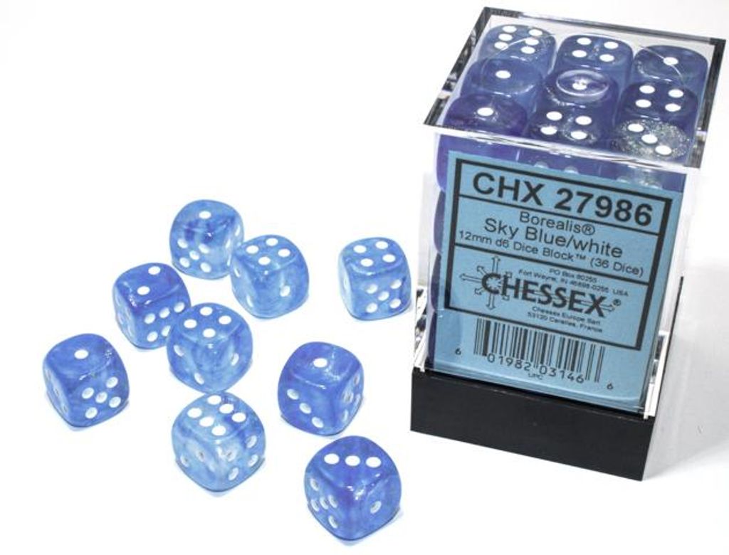 Chessex Borealis D6 12mm Himmelblau/Weiß leuchtendes Würfelset (36 Stück)