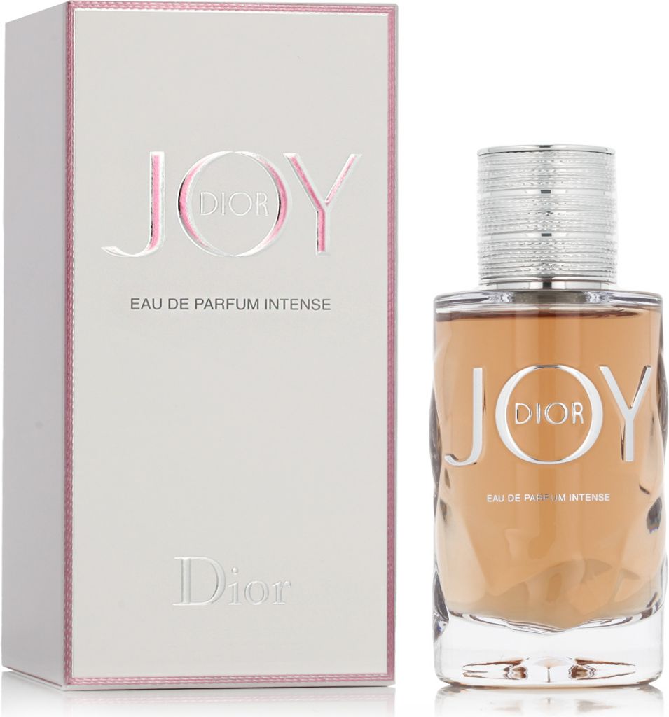 A product shot of Dior Joy Intense Eau de Parfum for women, with the product box on the left and the perfume bottle on the right.