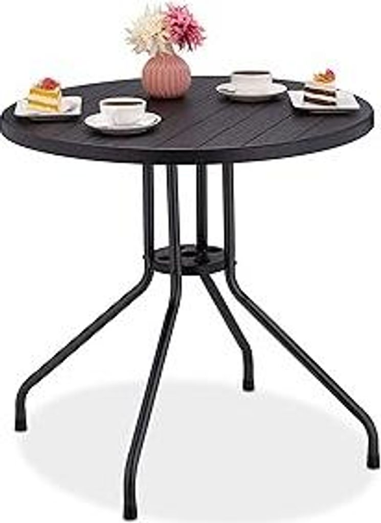 Gartentisch, H x Ø: 75 x 80 cm, Balkontisch in Holzoptik, Kunststoff & Stahl, runder Terrassentisch, schwarz