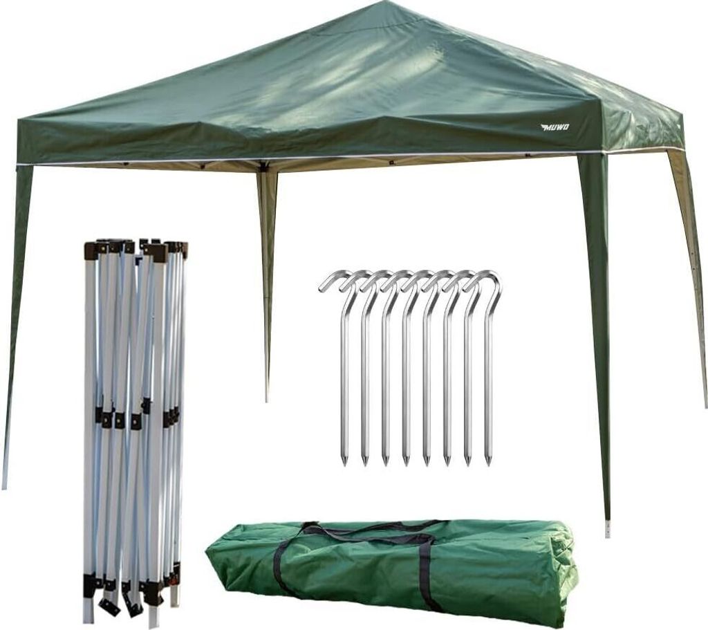 MUWO Pavillon 3x3 m | Wasserdicht, UV50+ Schutz | Stahlgestänge, stabile Eckverbindungen | Inkl. Tragetasche, Heringe & Abspannseile, grün | MW-264