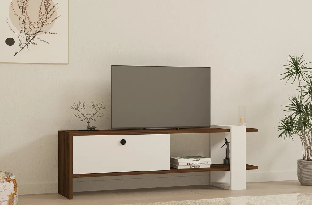 Meuble TV Petit Espace Noyer et Blanc 120 cm pour Salon Moderne