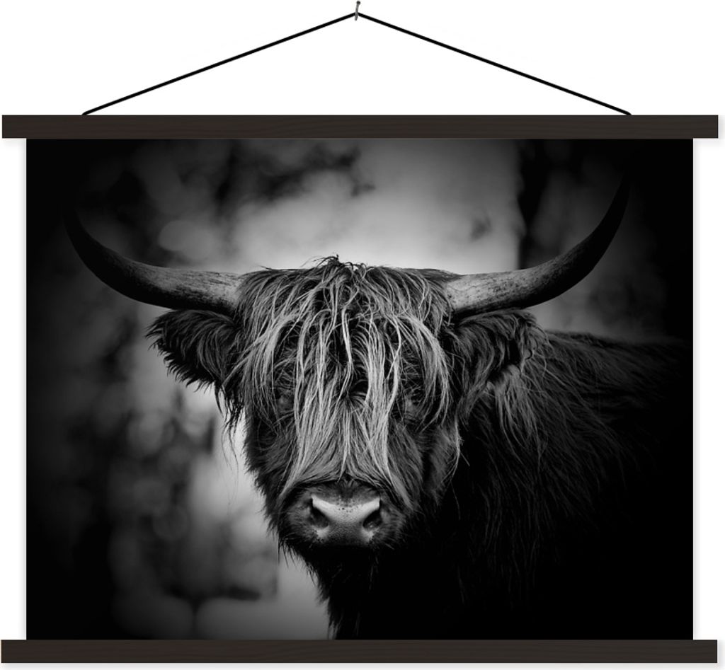 MuchoWow Textilposter Schottisches Hochlandrind - Licht - Porträt - Natur 120x90 cm mit schwarzem Rahmen - Aufhänger für Poster