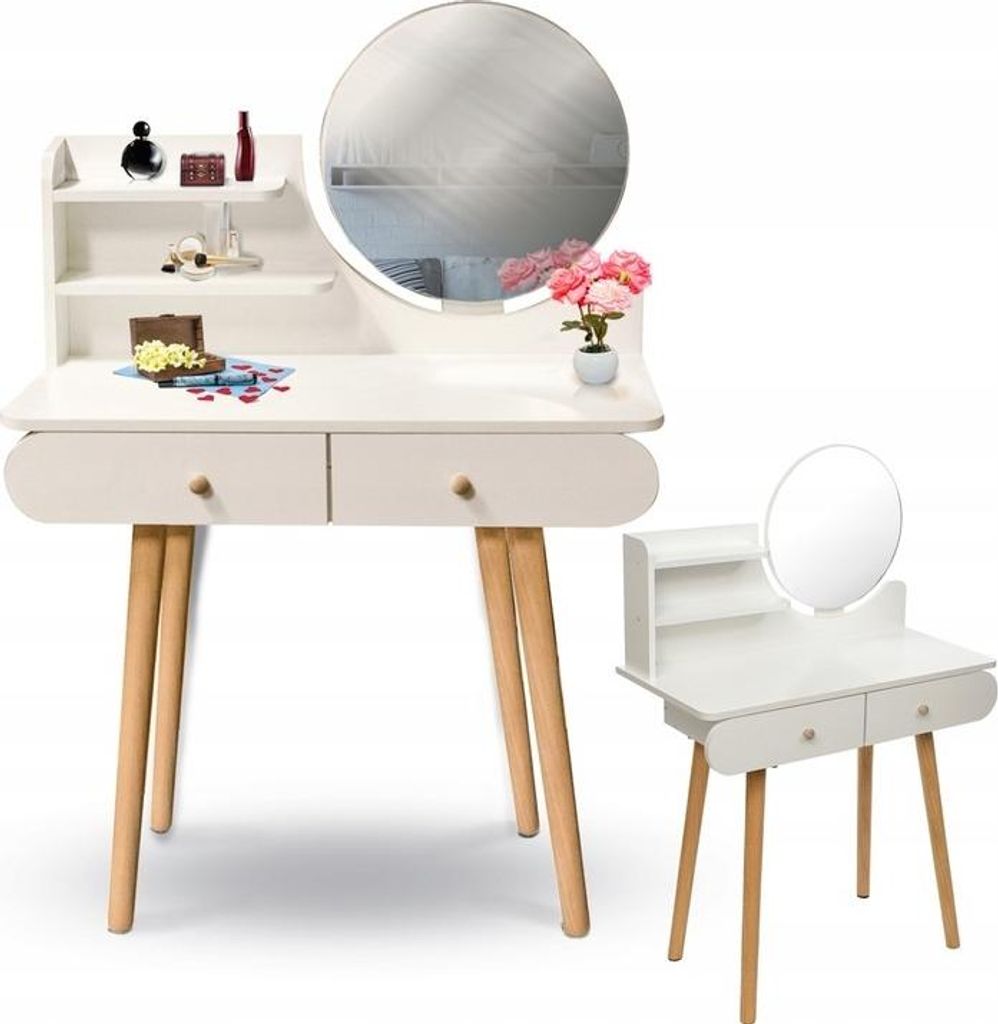 A white wooden vanity table with a round mirror and two drawers, along with a matching stool, displayed against a white background.