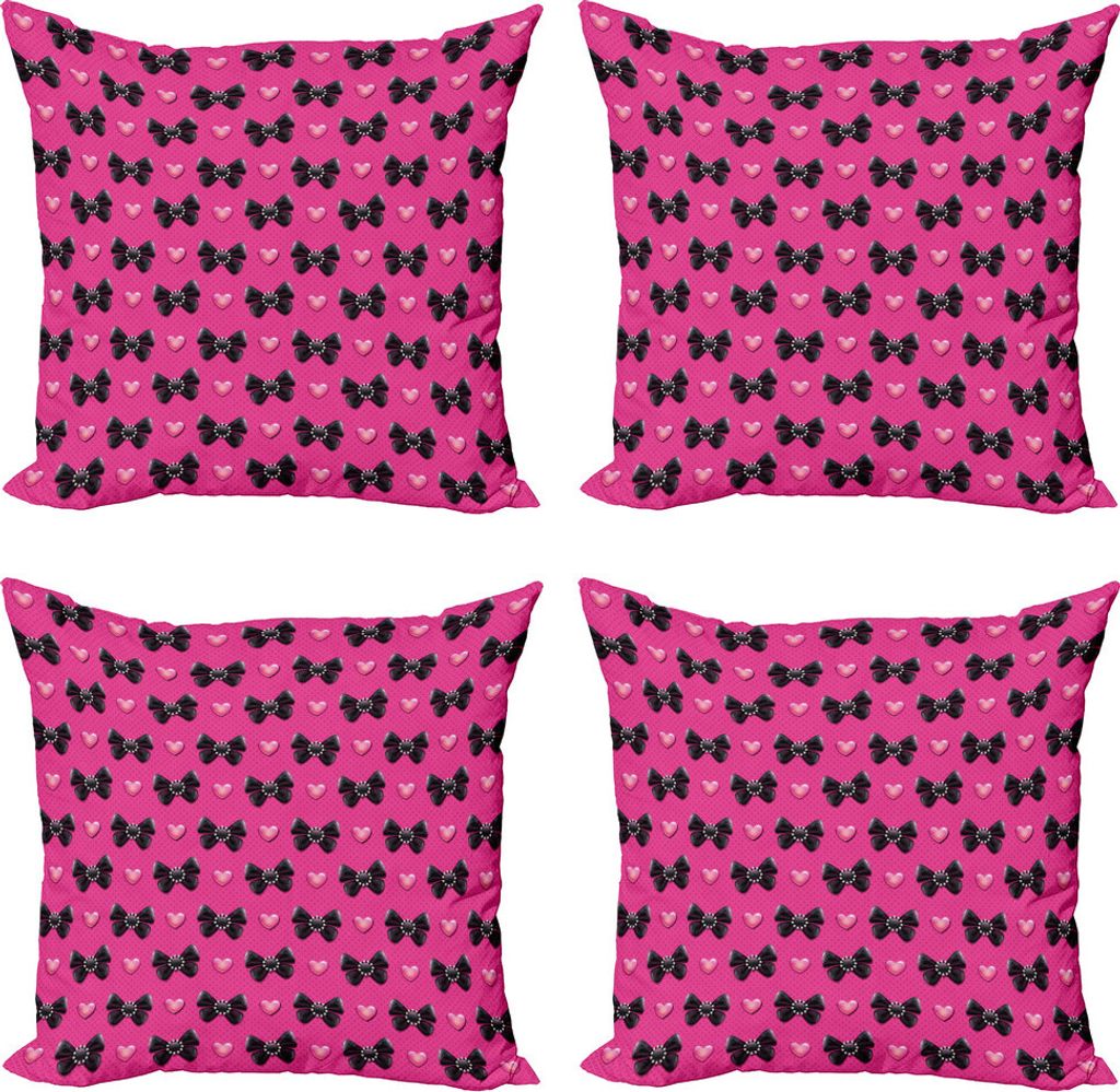 ABAKUHAUS Pearls Kissenbezug Set (4 Stück), Bow Ties mit Herzen, Moderner Doppelseitiger Digitaldruck, 60 cm x 60 cm, Pink Schwarz
