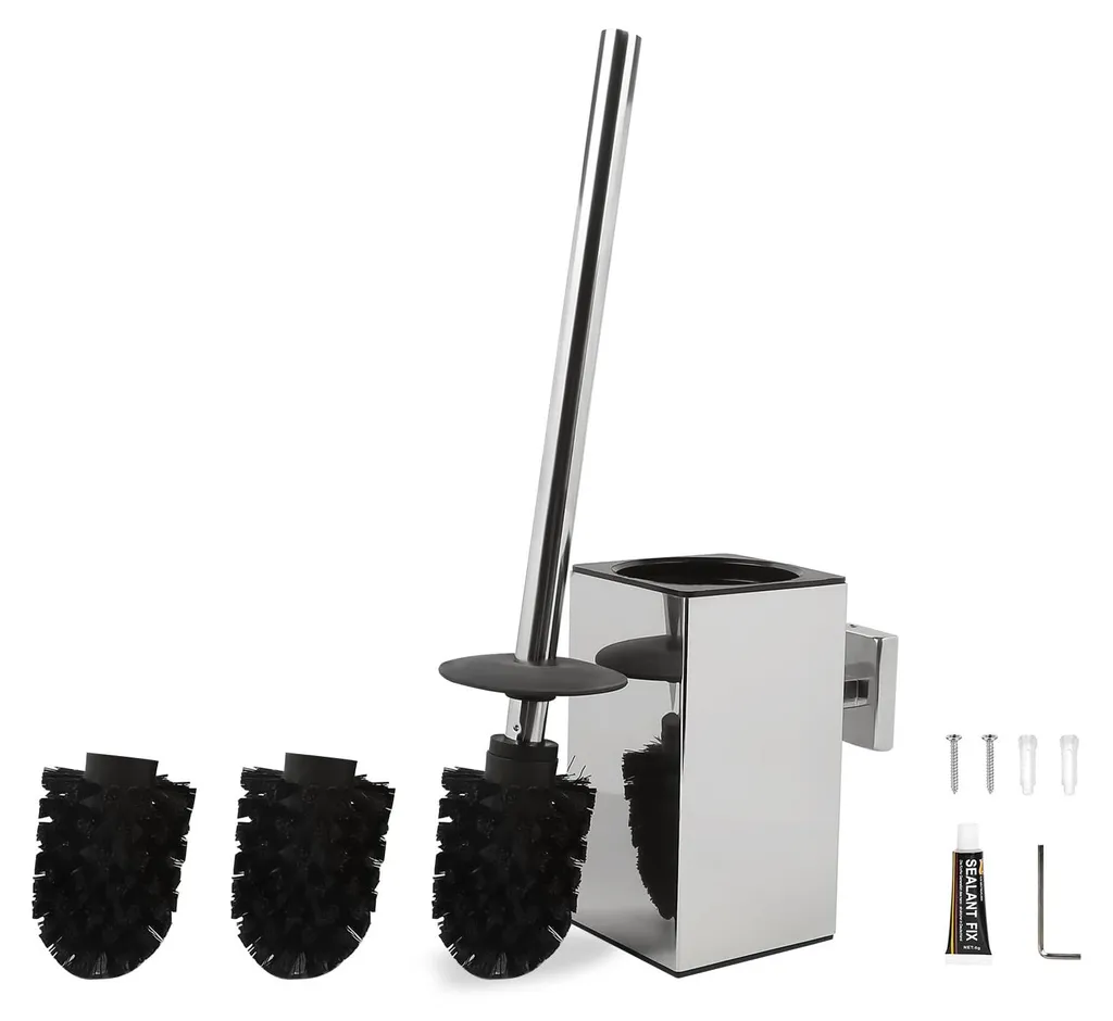 Brosse de WC murale en inox chromé et son kit de remplacement complet