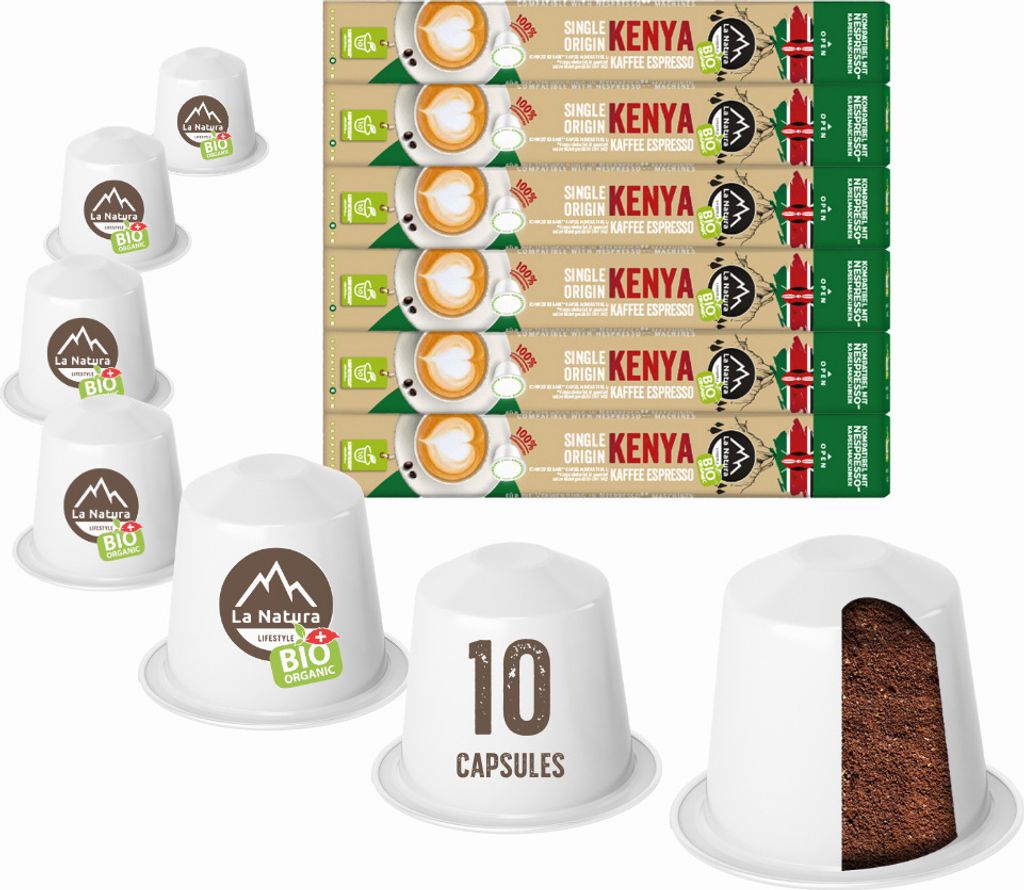 Kenya Plantagen Single Origin Kaffee - 60 Kaffeekapseln | La Natura Lifestyle Organic 306g| biobasiert | Nespresso *³ kompatible