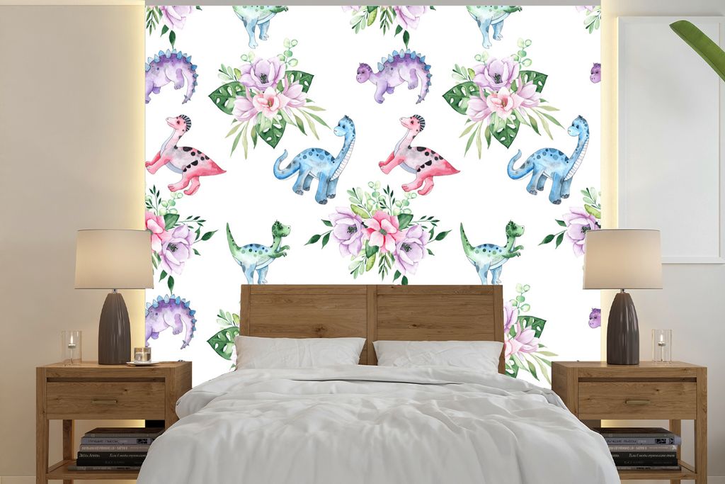 MuchoWow Fototapete für Wohnzimmer oder Schlafzimmer Wandtapete Vinyl Motivtapete Kinderzimmer - Dinosaurier - Blumen - Mädchen - Kinder - Rosa...