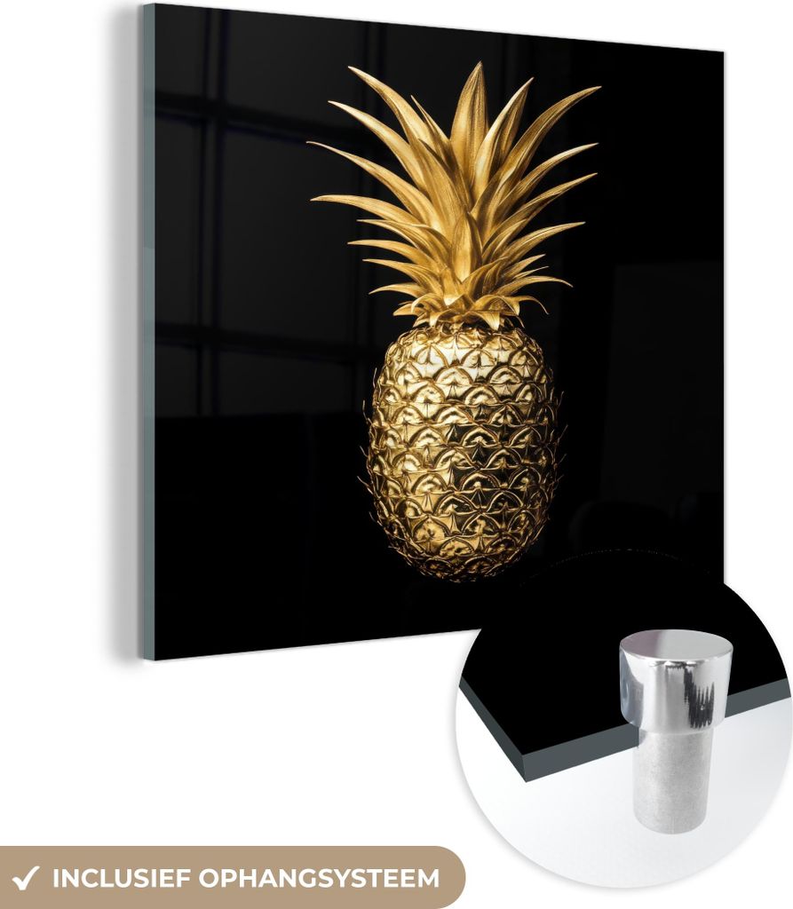 MuchoWow Glasbilder - Bilder auf Wandbild - Foto auf Glas Ananas - Schwarz - Gold - Luxus 40x40 cm Wanddekoration aus Glas - Acrylglasbild - Acrylb...
