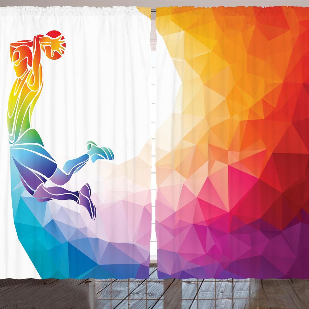 ARANDE Basketball Gardine, Regenbogen-farbiges Thema mit einem Basketball-Spieler Sports Man Jumps Scoring Print, 280 x 260 cm, Mehrfarbig