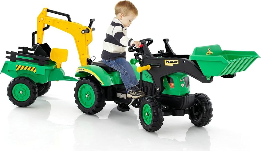 Trettraktor, Kindertraktor mit Anhänger & Schaufel & Frontlader, Kinderbagger Sitzbagger mit Hupe & Rechen, Tretfahrzeug für Kinder ab 3 Jahren (...