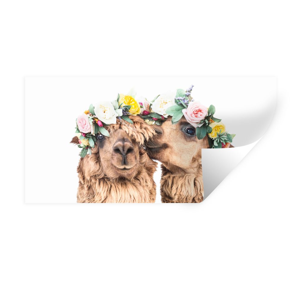 MuchoWow Wandtattoo Wandsticker Wandaufkleber Alpaka - Blumen - Tiere - Natur 160x80 cm Selbstklebend und Repositionierbar - Sticker - Dekorfolie