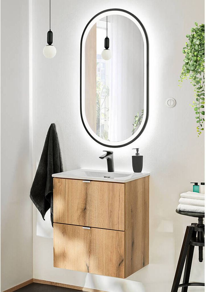 Badmöbel Set ‘Skelbolu’ 2-tlg. Waschtisch mit Unterschrank 2 Schubladen inkl. Waschbecken und LED-Spiegel Eicheoptik