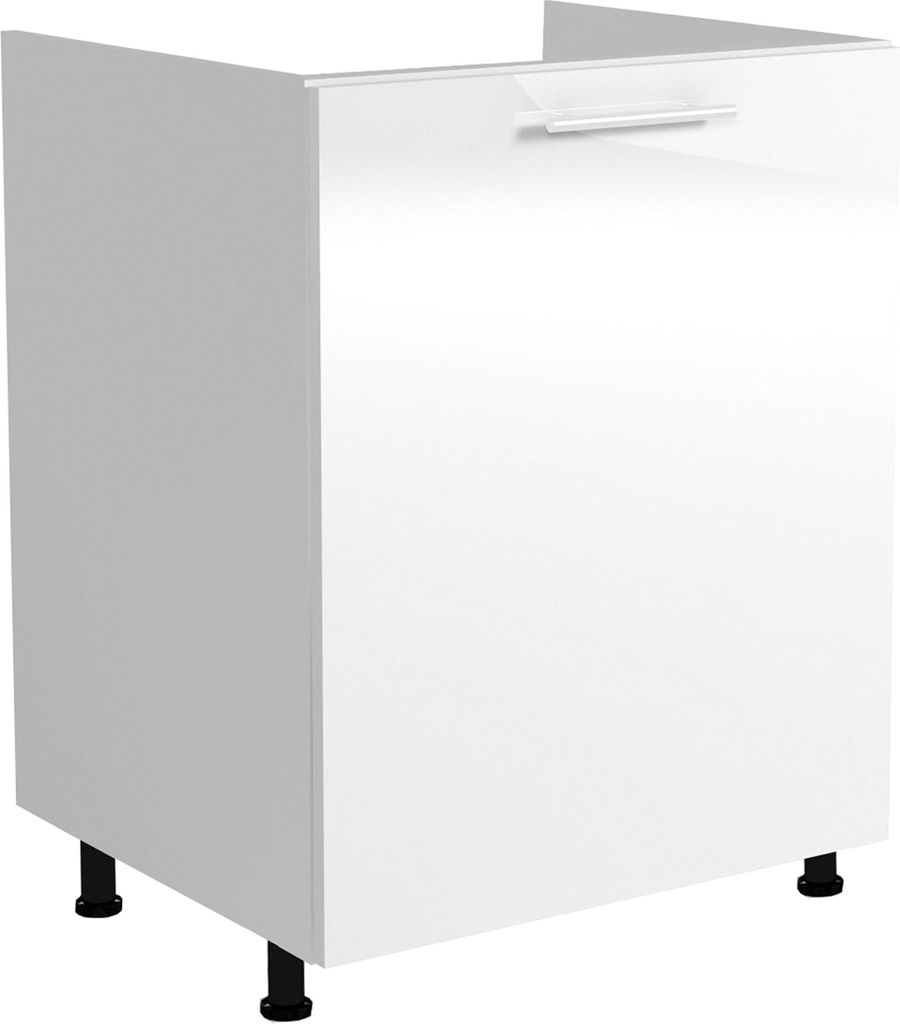 A white kitchen cabinet with a single drawer and black legs, shown from a three-quarter angle against a white background.