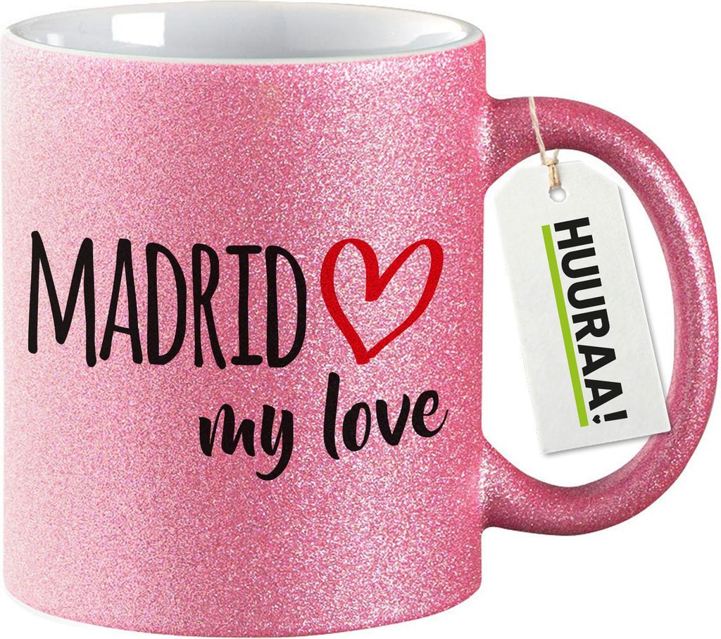Huuraa Glitzertasse Madrid my love 330ml Pink Keramik Kaffeebecher Geschenkidee
