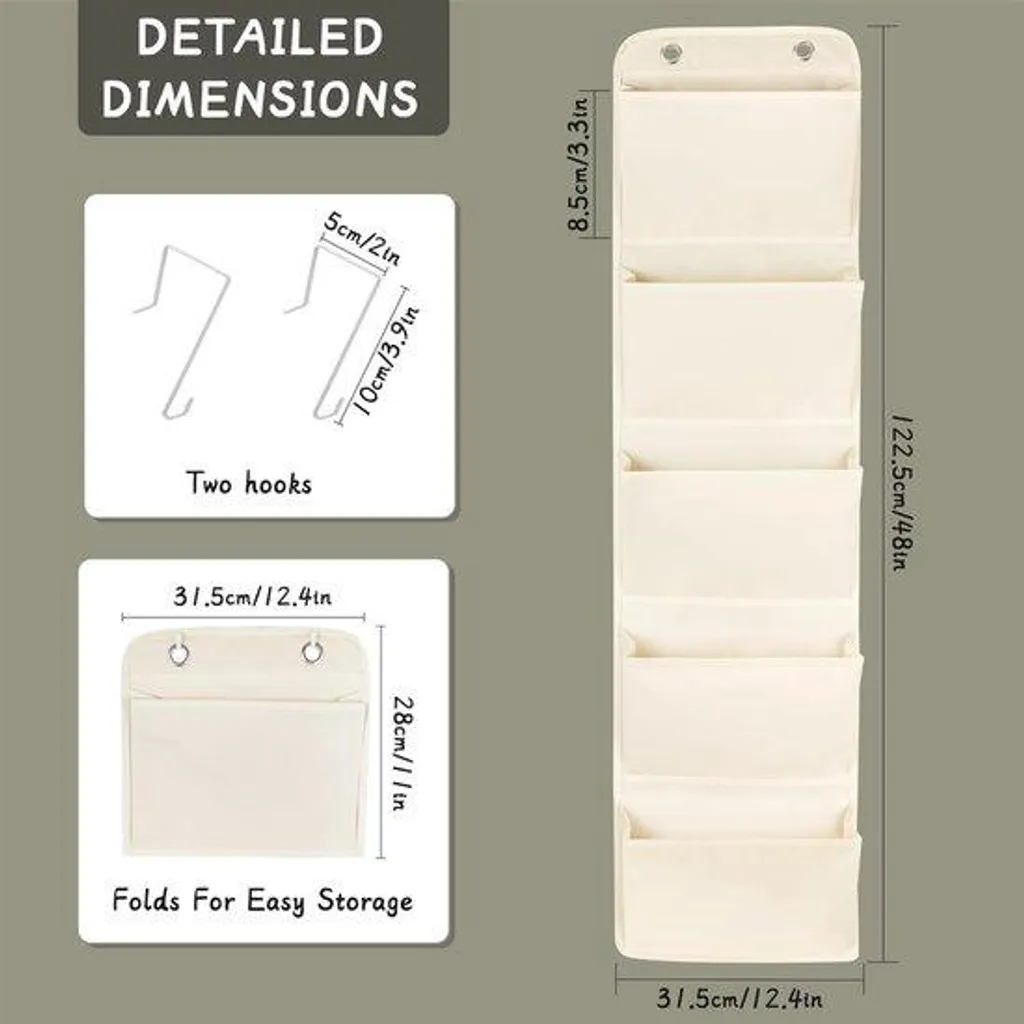 Organiseur mural en tissu blanc avec 5 compartiments de rangement pliables