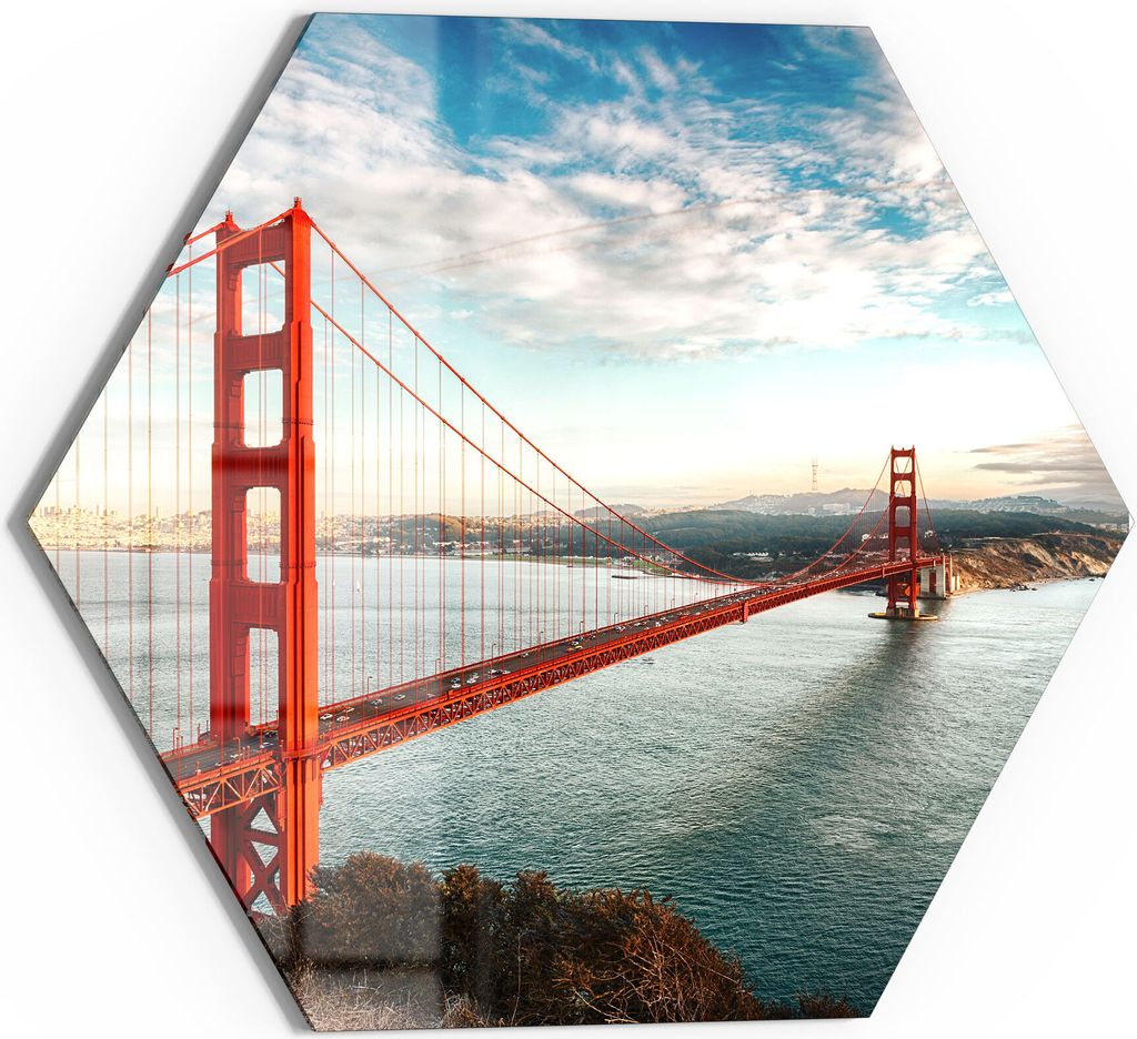 DEQORI Magnettafel Glas 55x48 cm 6-eckig 'Golden Gate Bridge' beschreibbar Whiteboard