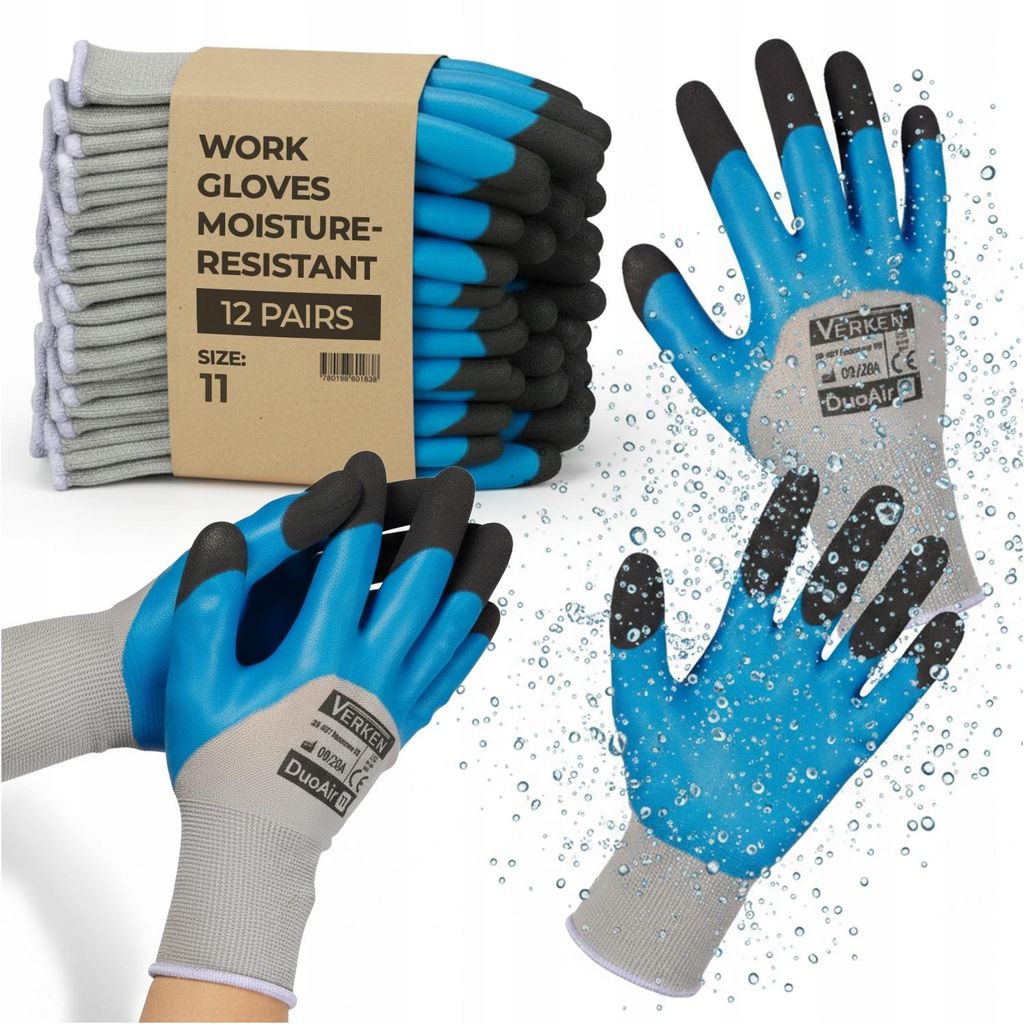 Wasserdichte Arbeitshandschuhe, Blau-Grau, 12 Paar, Grösse Xxl