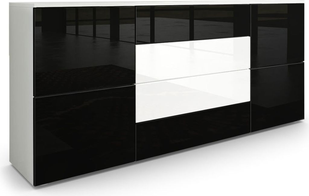 Vladon Sideboard Rova, Germany, Kommode mit 4 Türen und 4 Schubladen, Weiß matt/Schwarz Hochglanz/Weiß Hochglanz (166 x 72 x 35 cm)