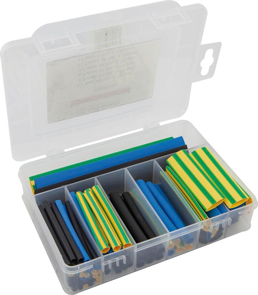 Sortimentsbox Schrumpfschlauch schwarz, blau, gelb/grün